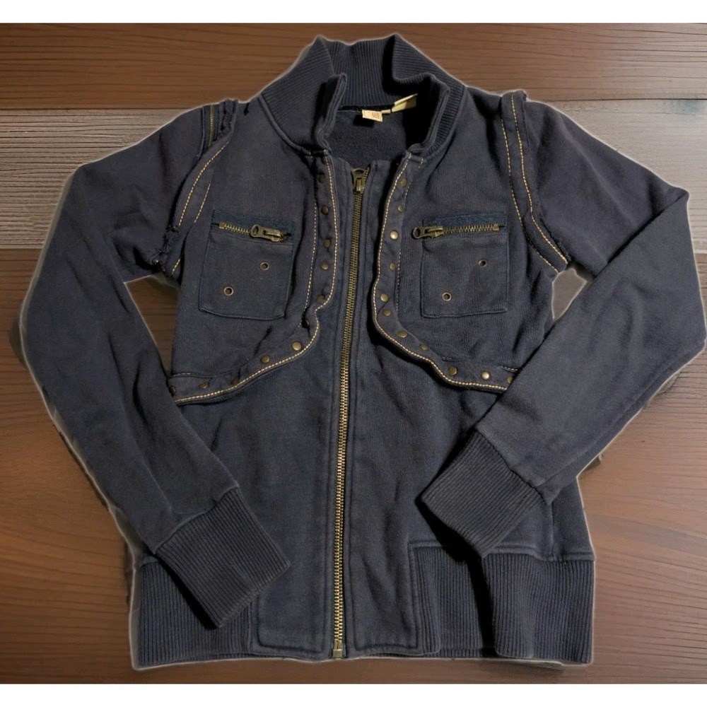 BKE Buckle Womens M‎ Convertible Zip Off Jacket Sweatshirt Moto Studded Blue